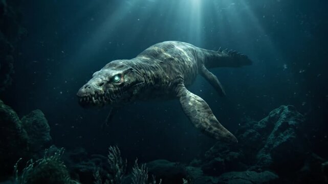 Exploring ancient sea creatures underwater depths digital artwork dark environment dramatic viewpoint mythical ocean life