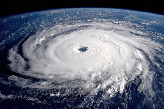 A hurricane is swirling over the ocean, demonstrating the effects of climate change on weather patterns in the region