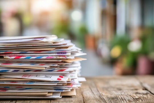 A stack of paperwork sits on a wooden table outside in bright light with envelopes and contracts mixed together during the day