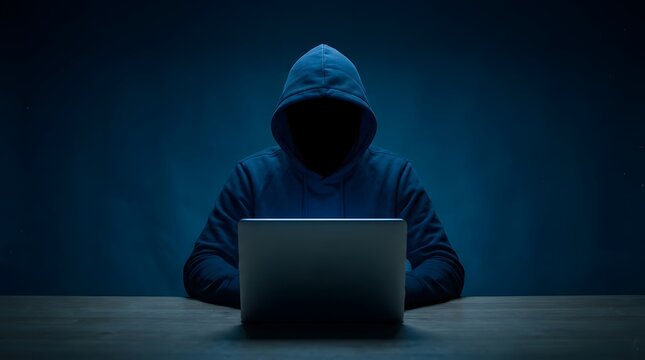 Anonymous hacker working on laptop in dark blue cyber security concept