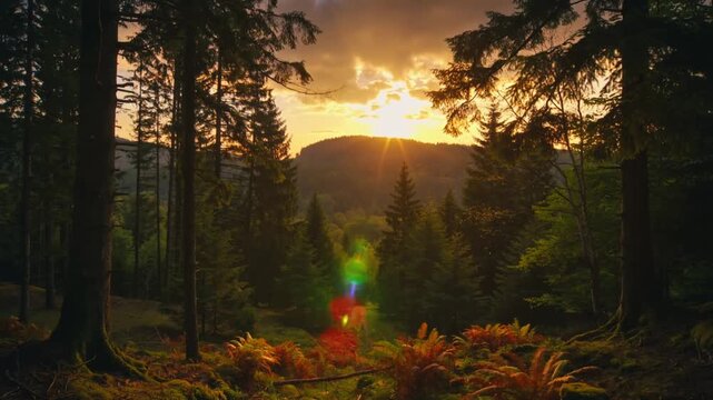 Brightening conifer trunks and mossy fern in woodland as sun cresting ridge sending starburst flare