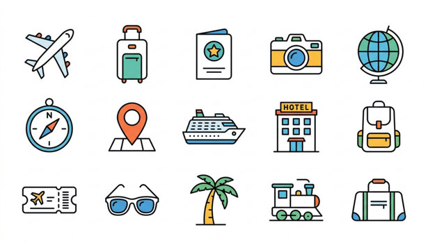 Modern travel related vector icons set with tourism vacation and transportation symbols