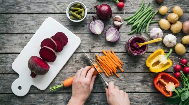 Preparing a colorful medley of fresh vegetables on a rustic wooden table