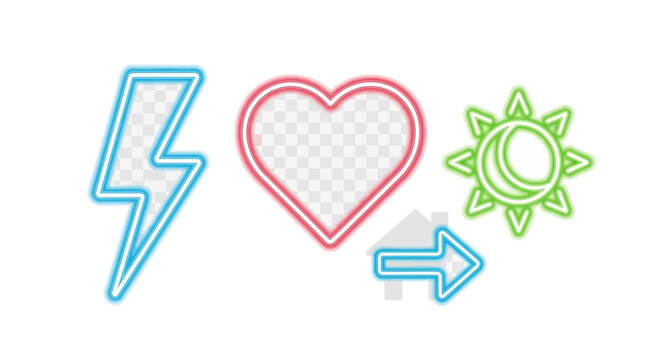 Colorful neon heart sun arrow icons.