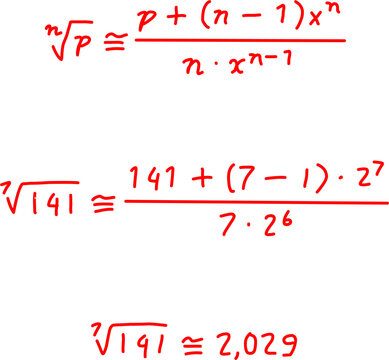 Mathematical approximation formula for seventh root calculation with algebraic fractions and equations on white background, educational math concept.