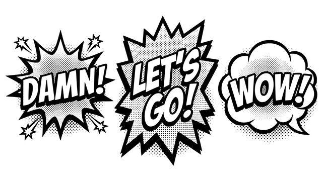 Comic book style speech bubbles with motivational phrases