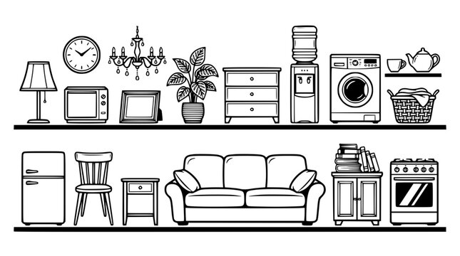 Various household items on two shelves illustration
