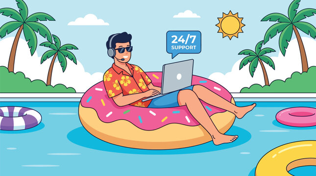 Relaxed man working remotely on a laptop while floating on a pink donut shaped pool float in a tropical outdoor setting with palm trees bright sunshine and a support icon indicating 247