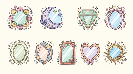 Collection of decorative mirrors in various whimsical shapes and pastel colors, including a sun, heart, diamond, and crescent moon. © Terra
