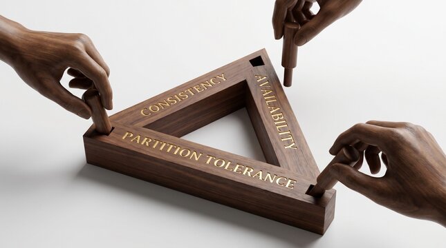 Three hands assembling a wooden triangle representing the CAP theorem concept with consistency availability and partition tolerance engraved