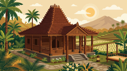 Obraz premium Traditional wooden house in tropical landscape.