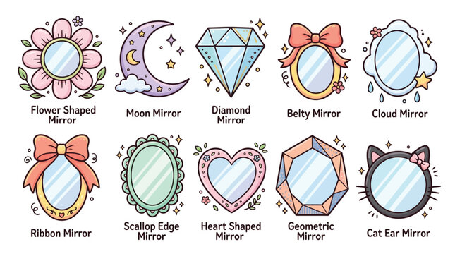 A collection of ten whimsical, decorative mirrors in various charming shapes and designs, including a flower, moon, diamond, ribbon, cloud, scallop, heart, geometric, and cat ear.