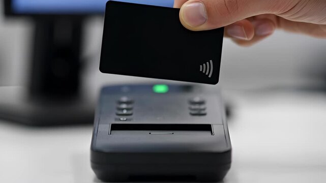 Contactless payment card hand near card reader terminal close up black card for cashless retail checkout transaction