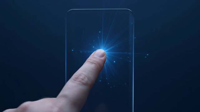 Touch screen finger press glass panel blue light glowing interface digital control smartphone screen touch panel finger touch
