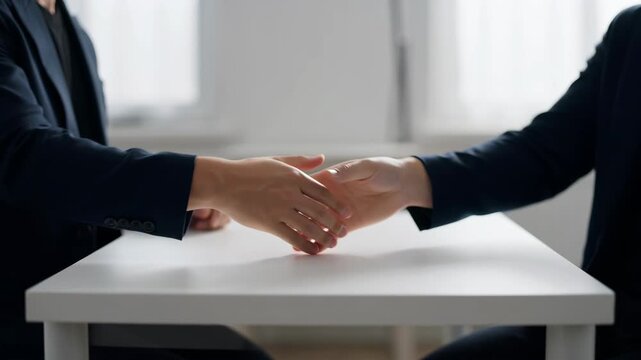 Business handshake at office table meeting agreement deal between two professionals in white office space