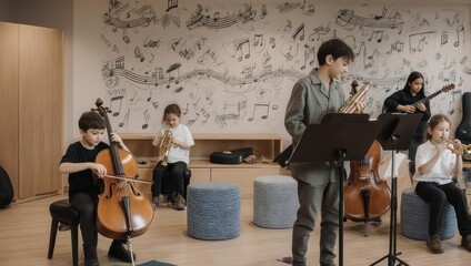 Fototapeta premium Young Musicians Rehearse in a Brightly Lit Room.
