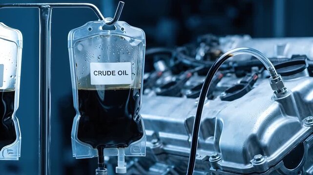 A car engine is shown receiving a conceptual transfusion of crude oil from a medical IV bag, highlighting the deep-seated dependency of modern machinery on fossil fuel energy sources.