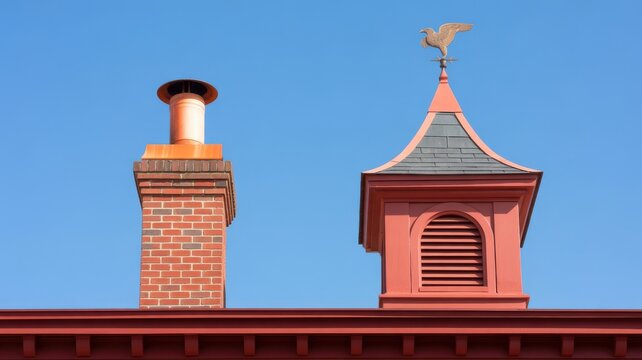 Traditional red building roof with brick chimney and eagle weather vane on cupola
