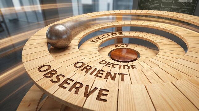 Metallic sphere rolling down a wooden spiral path with observe orient decide act words representing a strategic decision making process 3D render