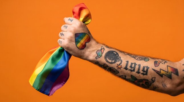 A tattooed arm clutches a vibrant rainbow flag, symbolizing pride, diversity, and the powerful embrace of LGBTQ+ identity and freedom