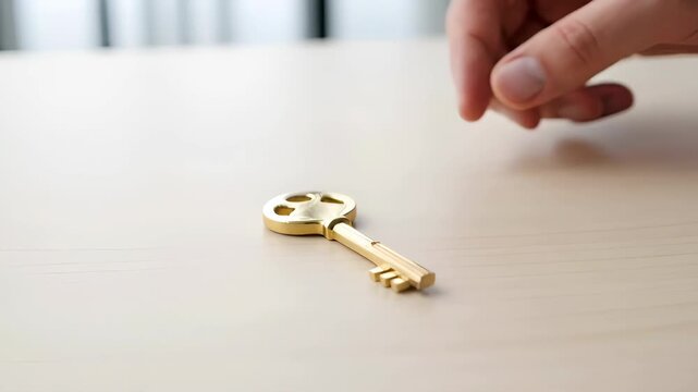Golden key hand holding metal key on table close up, home security access concept, unlocking property lock
