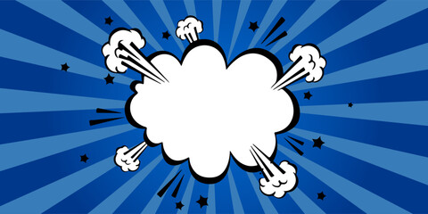 Empty comic book explosion cloud with white copy space on blue radial sunburst background. Retro pop art vector illustration featuring smoke trails and black stars. Perfect for superhero themes. © Hanofa Febriyanti