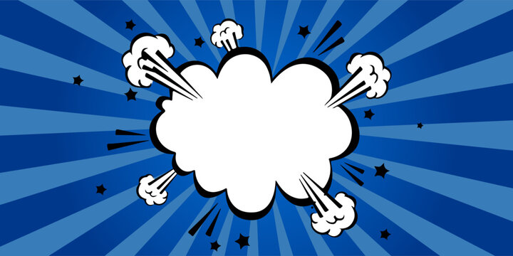 Empty comic book explosion cloud with white copy space on blue radial sunburst background. Retro pop art vector illustration featuring smoke trails and black stars. Perfect for superhero themes.