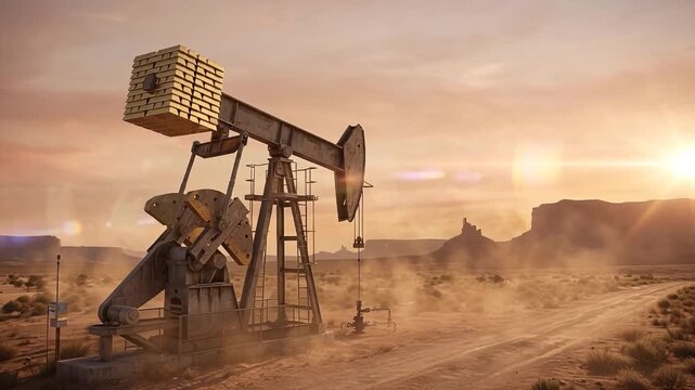 An oil pumpjack rhythmically moves in a dusty desert landscape under a warm sunset, with distant mesas adding to the scenic industrial atmosphere.