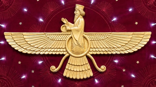 Faravahar Symbol Vector Illustration for Happy Parsi New Year, Zoroastrian Navroz Celebration Background with Golden Winged Figure on Red Gradient