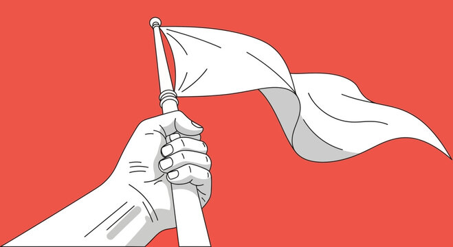 Hand holding white flag on red background, surrender concept