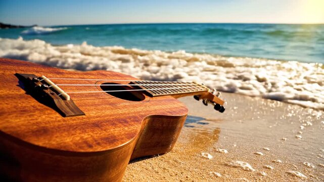 Ukulele on sandy beach near ocean waves under bright sunlight