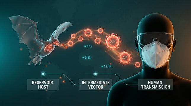 Visualizing zoonotic transmission cycles through illuminated neural pathways and masked human silhouettes integrated with viral data analytics.