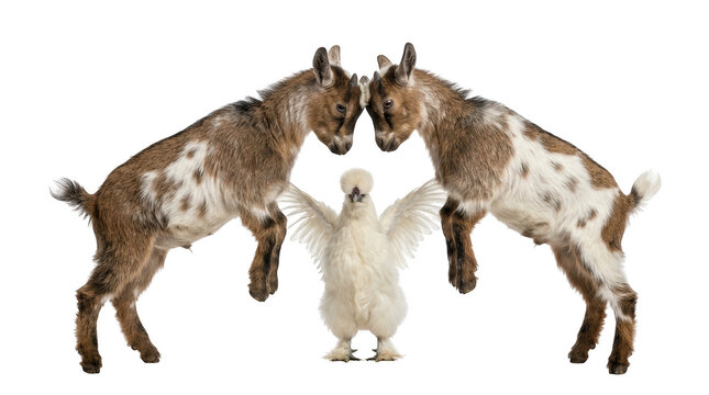 Two brown and white goats headbutting with a white chicken standing between them isolated on transparent background