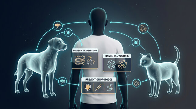 Connecting glowing blue data paths between domestic fauna and human anatomy highlights complex biological transmission cycles and hygiene safety.