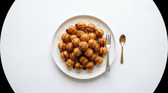 Gulf Luqaimat Sweet Honey Dumplings on White Plate &ndash; Arabic Fried Bites