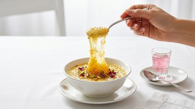 Gulf Sago Pudding in White Bowl &ndash; Sweet Pearl Tapioca Middle Eastern