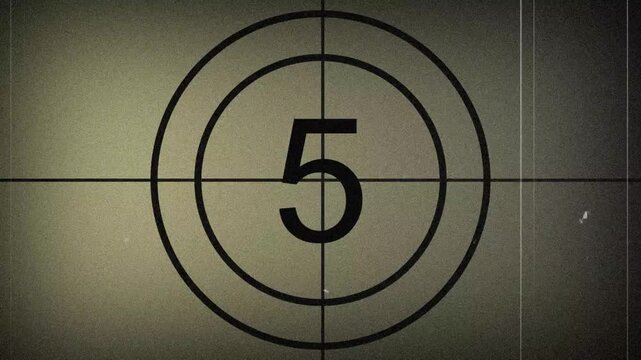 10 seconds old movie countdown with authentic film leader look, including subtle flicker, grain, dust and scratches. Suitable for trailers, title sequences, and vintage-style video projects.