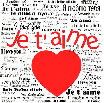 Je taime word cloud, showing romantic sentiment in many languages on a clean background.