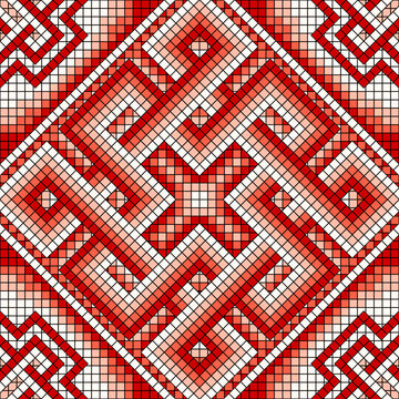 Slavic traditional embroidery pattern with geometric red cross stitch ornament for textile backdrop.
