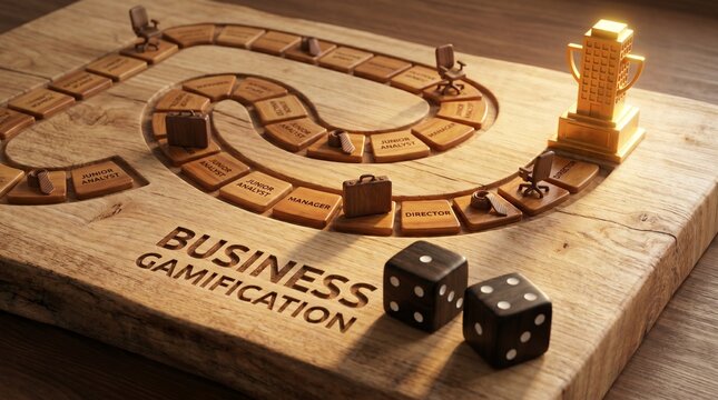 Business gamification concept on a wooden board game with dice and a golden trophy 3D render