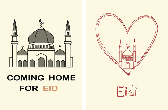 Coming Home for Eid Festive Mosque Illustration Greeting Card Design