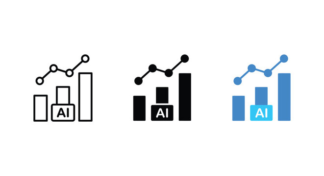AI analytics icon set representing data visualization, growth trends, and artificial intelligence in outline, solid, and colored styles