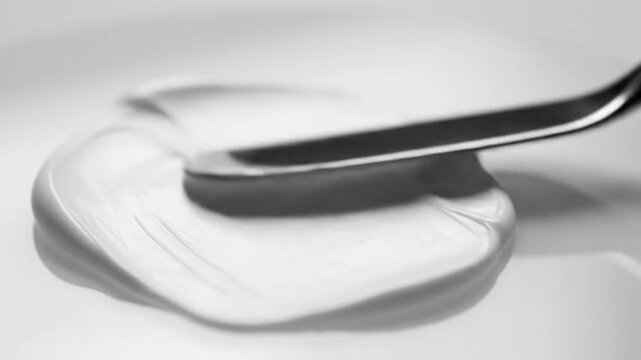 Spreading smooth white cream or paint on a flat surface with a metallic palette knife for texture and detail