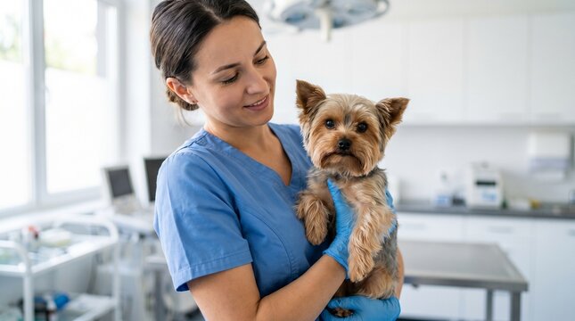 Veterinarian holding small Yorkshire Terrier and smiling in clinic  