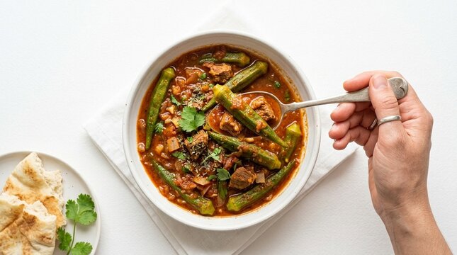 Okra Tomato Stew in White Bowl &ndash; Bamia Slow-Cooked Arabic Vegetable Stew