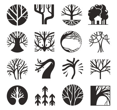 Circular and square tree logos design. Natural emblems with stylized branches. Botanical symbols set. Vector growth and ecology, sustainability and organic branding. Eco identity projects