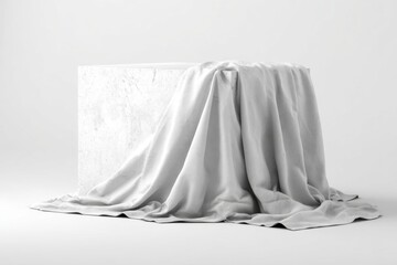 Fototapeta premium Elegant White Fabric Draped Over a Modern Cube Sculpture.