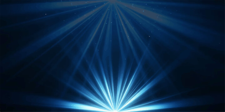 An abstract blue background features a bright light burst with glowing laser rays and fractal textures that create a dynamic energy design reminiscent of a cosmic star flash in space