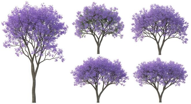 Set of five beautiful purple blooming jacaranda trees with vibrant flowers and green leaves