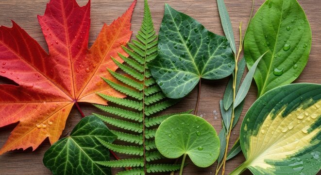 Colorful autumn maple leaf among green leaves on wood.